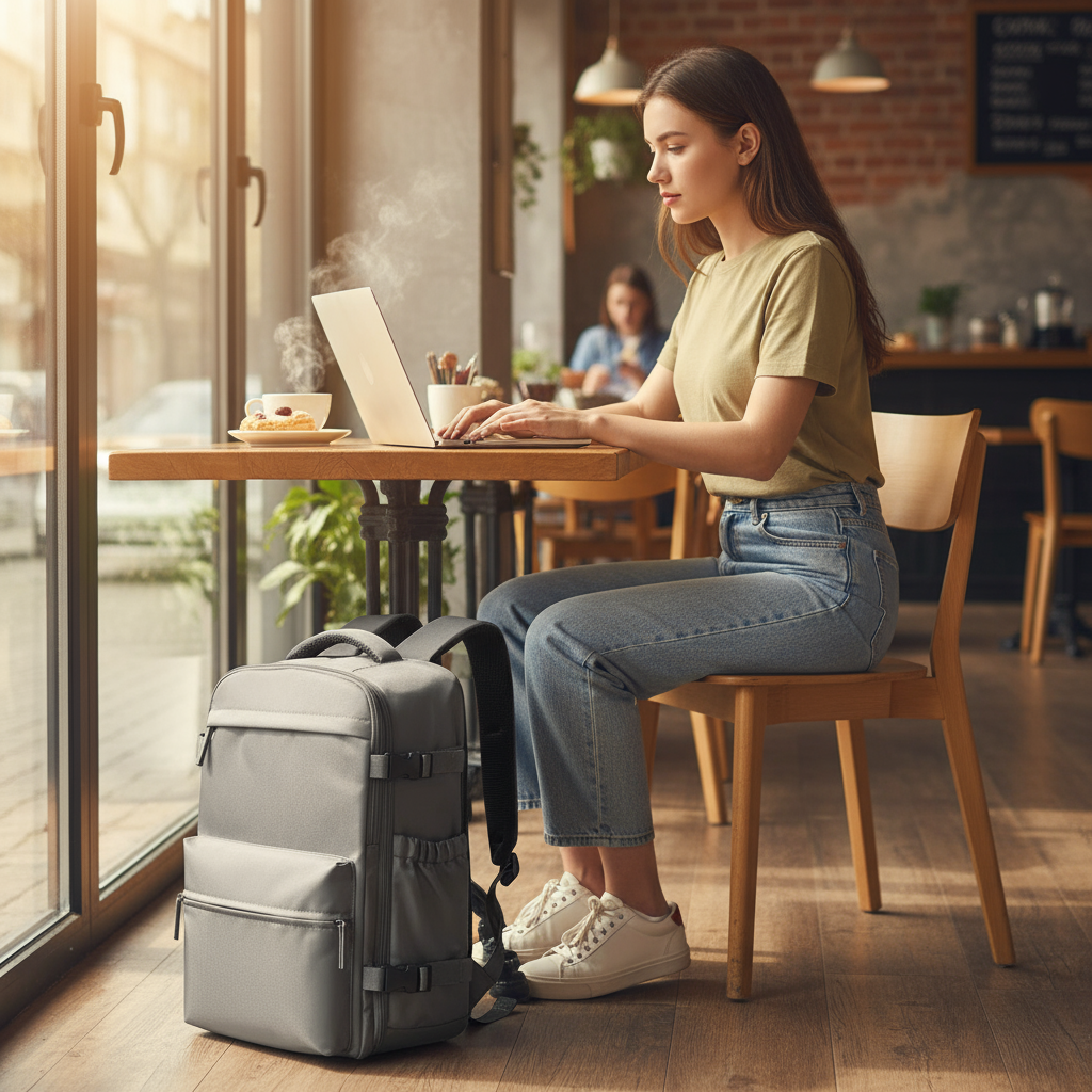 Gray backpack in realistic coffee shop scene