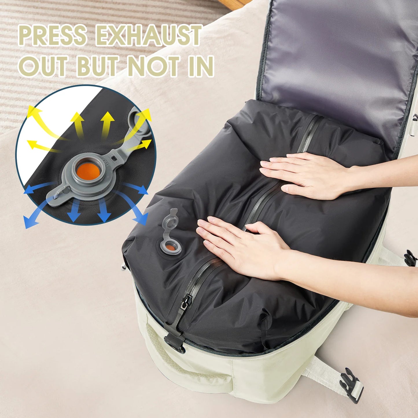 Person using a compression bag with an inset showing how to press exhaust air out.