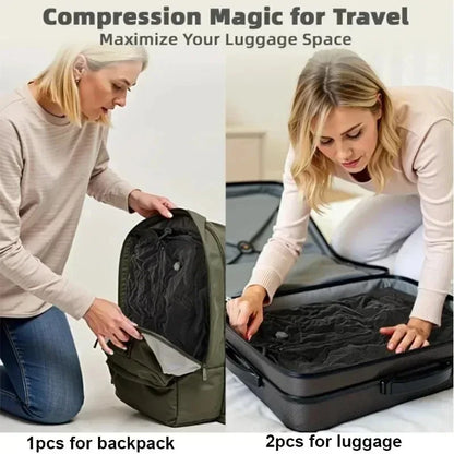 Compression magic product for backpack and luggage with a woman demonstrating its use.