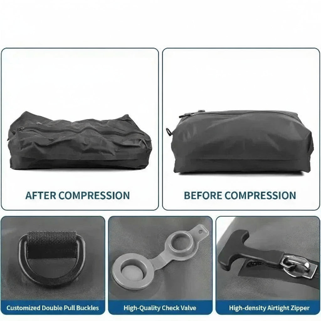 Compression bag before and after compression with detailed parts shown.