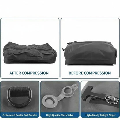 Compression bag before and after compression with detailed parts shown.