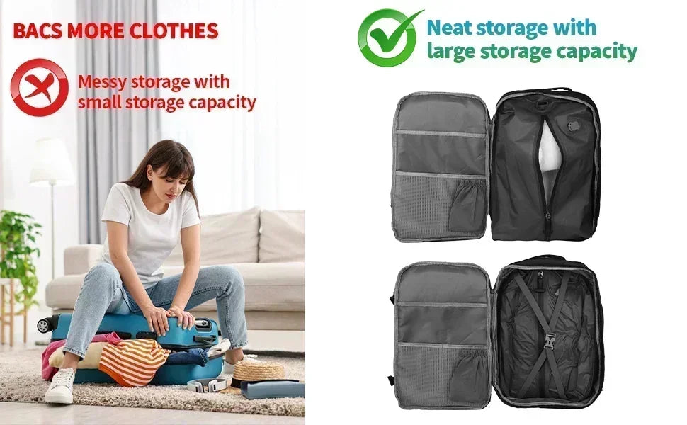 Person struggling with a suitcase next to organized packing cubes with text about storage solutions.