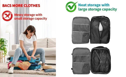 Person struggling with a suitcase next to organized packing cubes with text about storage solutions.