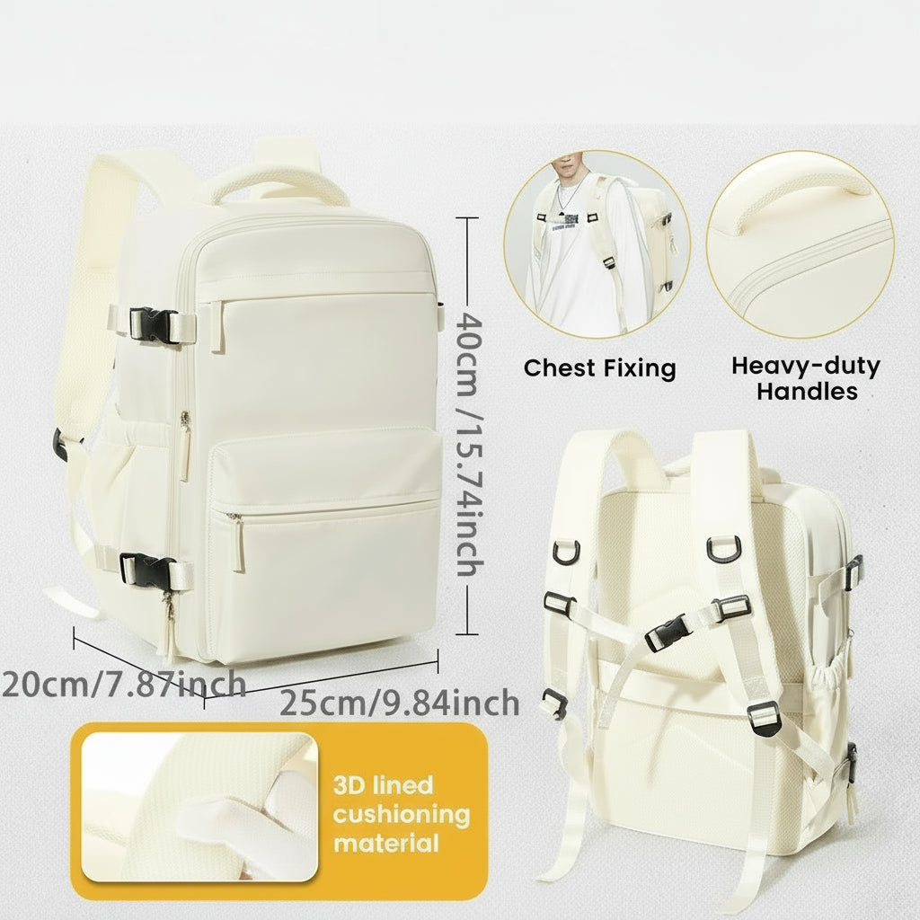 Cream backpack with measurements and features on a gray background