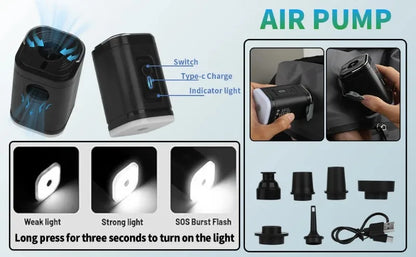 Air pump with light features and usage instructions on a blue background