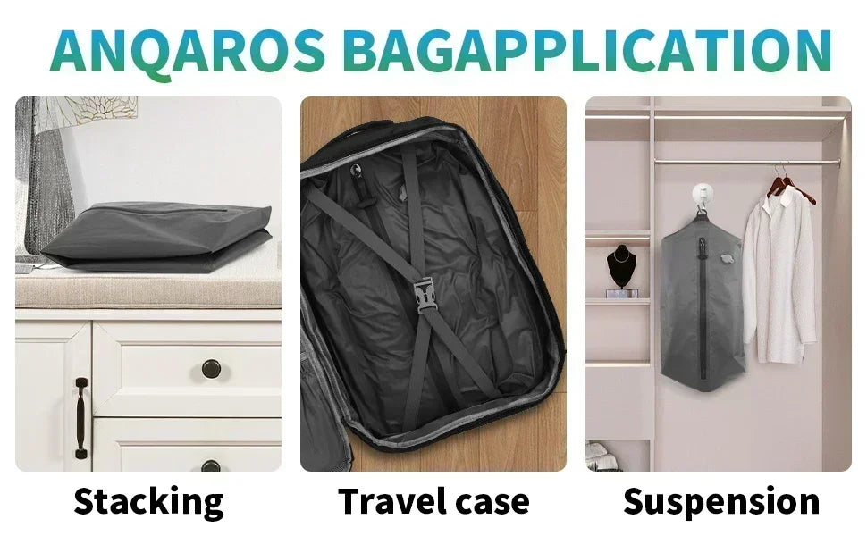 Anqaros bag application shown in three scenarios: stacking, travel case, and suspension.