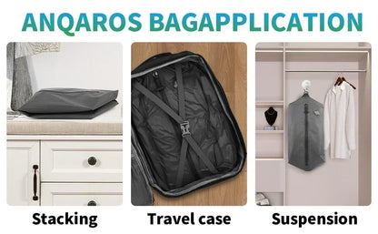 Anqaros bag application shown in three scenarios: stacking, travel case, and suspension.