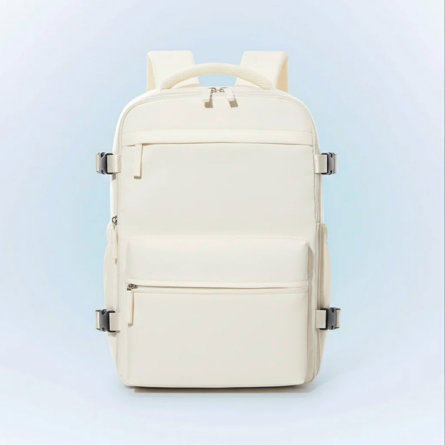 White backpack on a light blue background