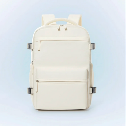 White backpack on a light blue background