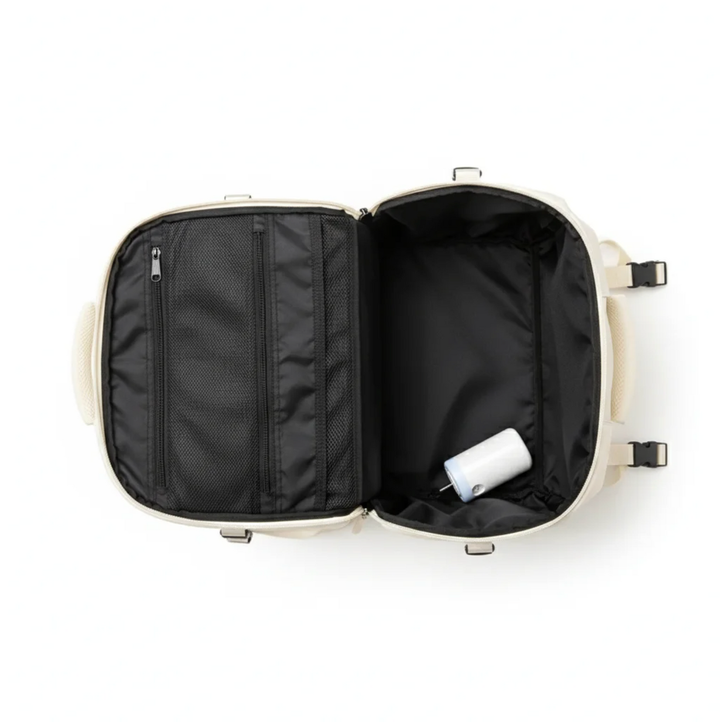 Open suitcase with a white interior on a white background