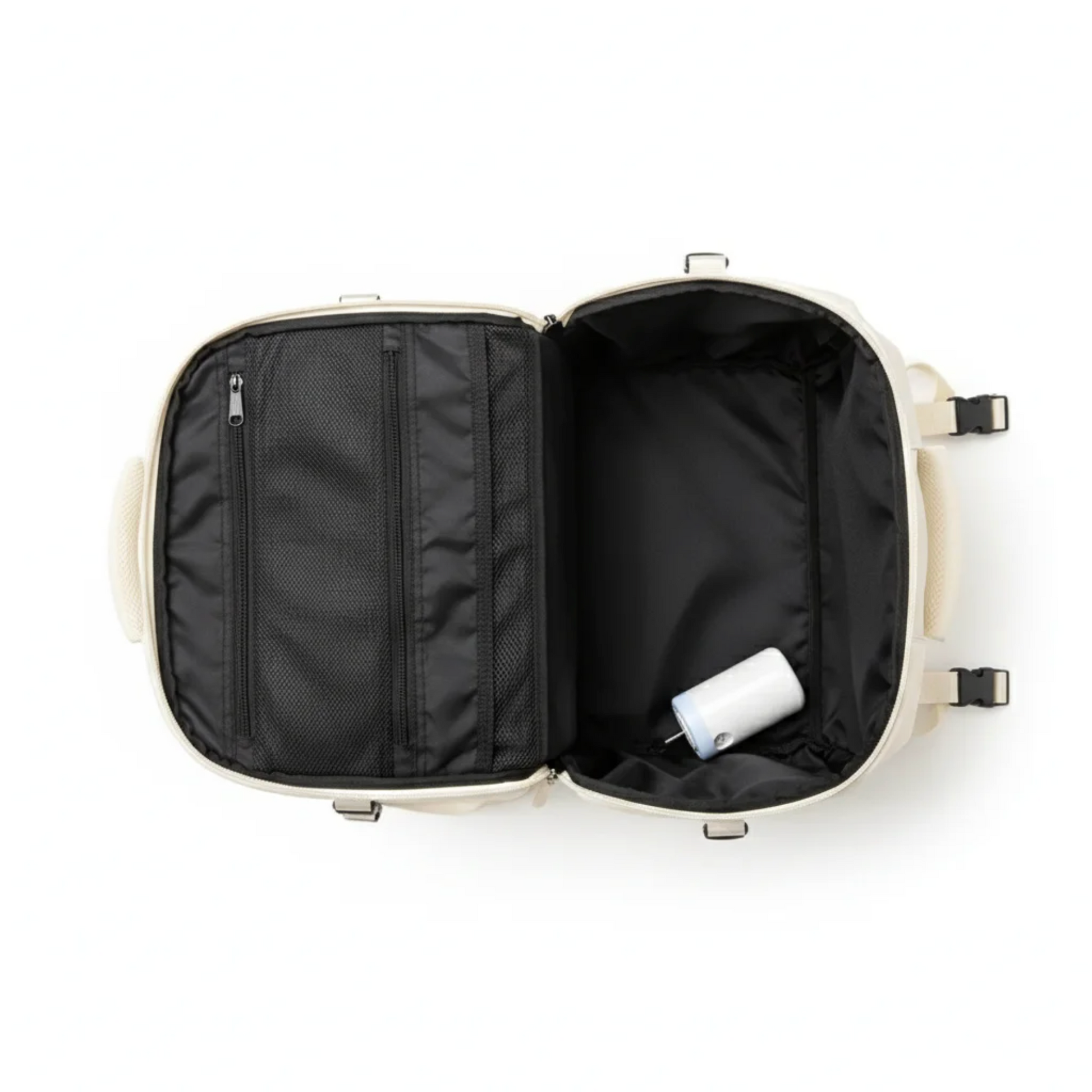Open suitcase with a white interior on a white background