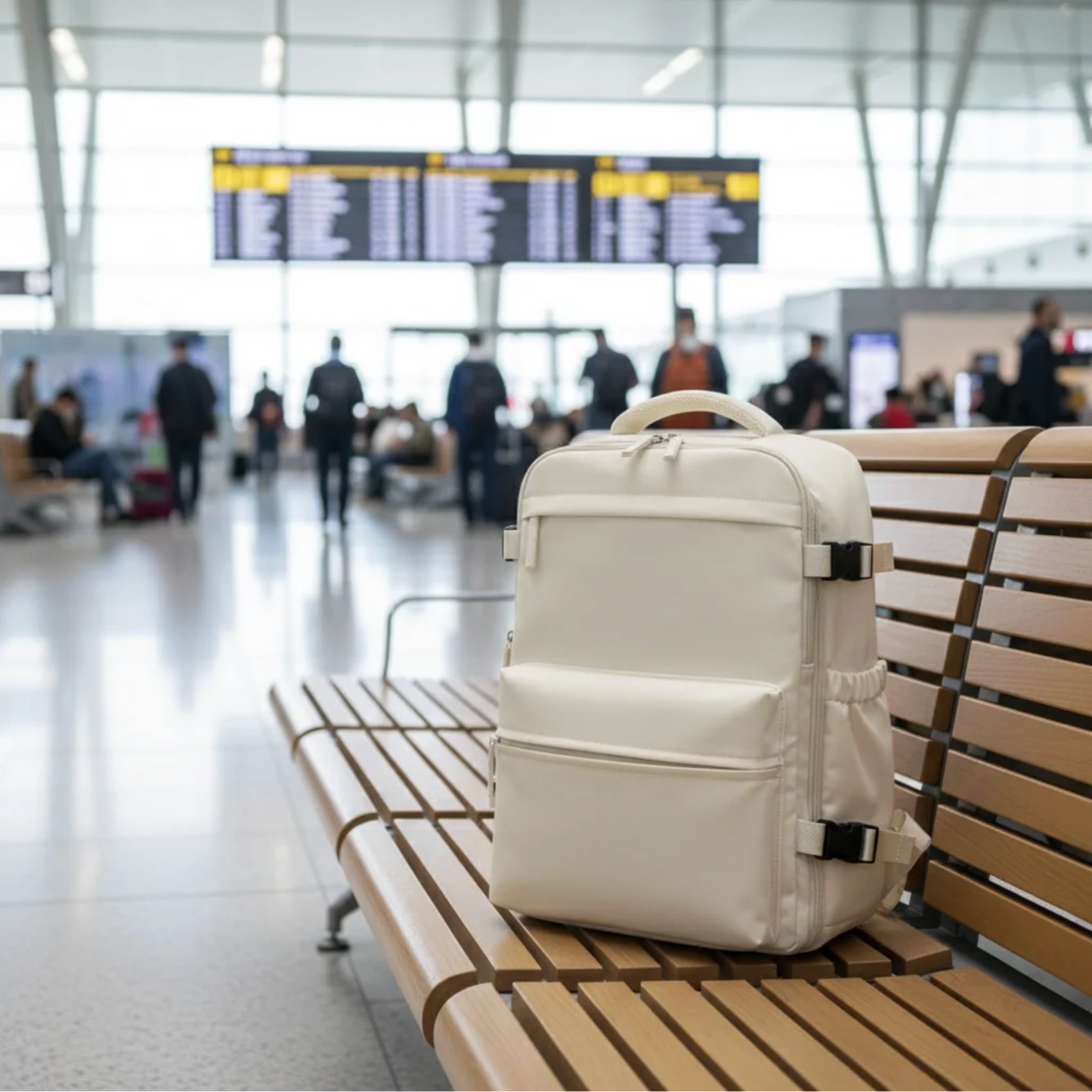 White backpack on a bench in an airport terminal with people and luggage in the background.