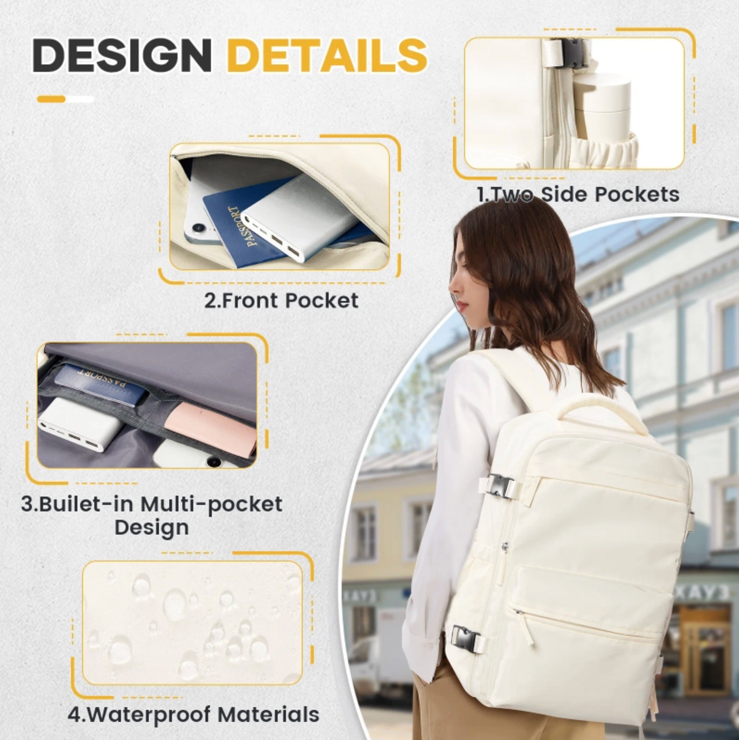 Product packaging with design details of a backpack and a person wearing it.
