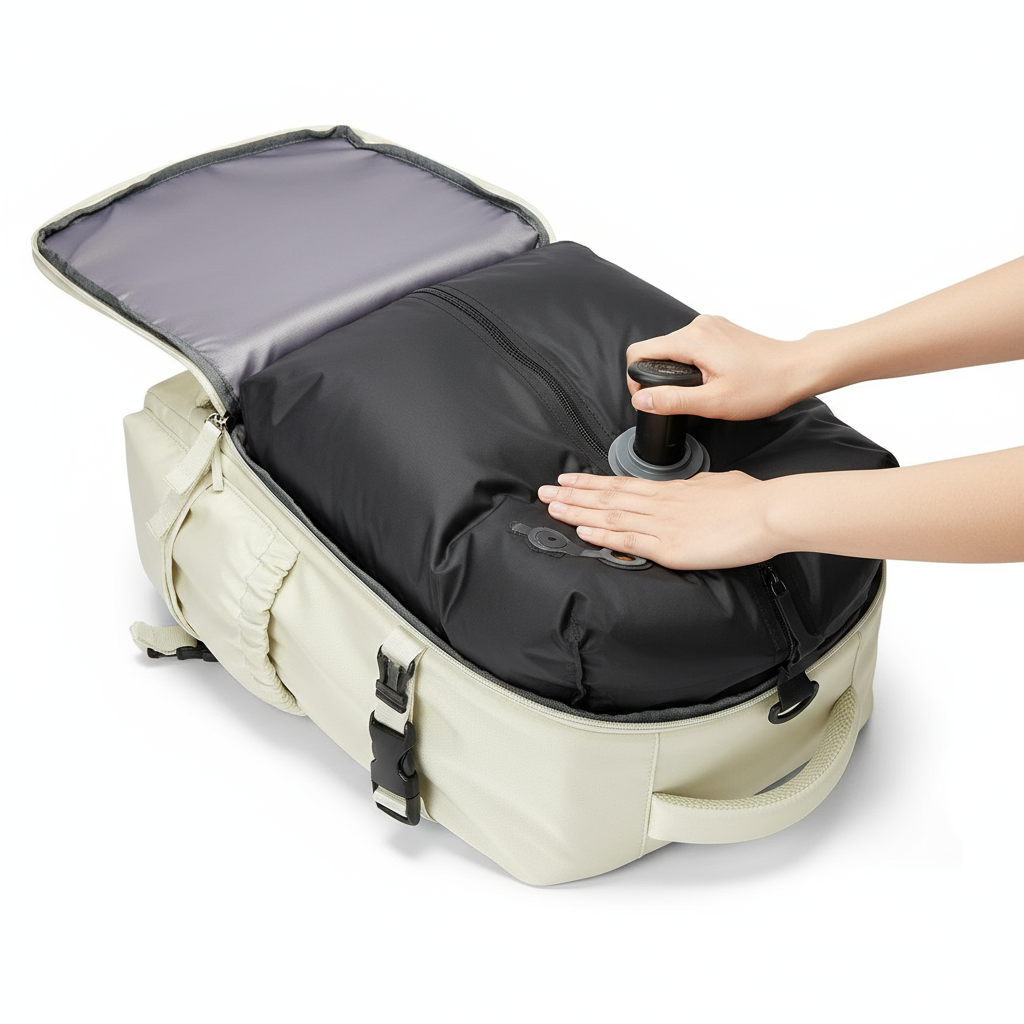 Beige backpack interior compression being used