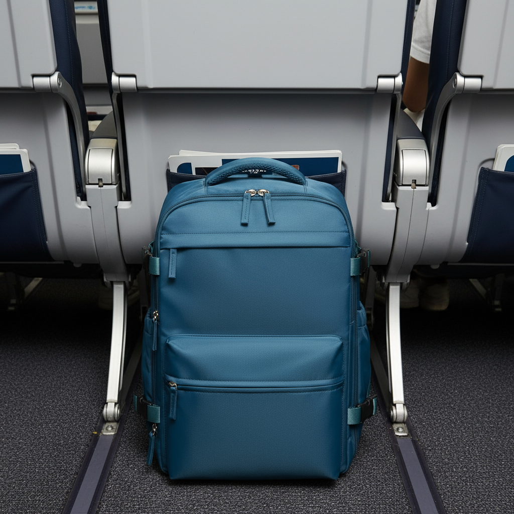 Blue backpack under airplane seat