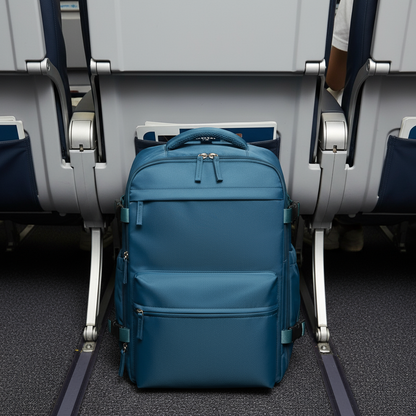 Blue backpack under airplane seat