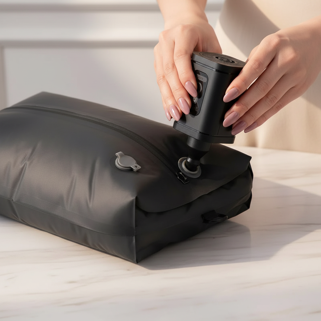 Hands using exact pump on compressed bag