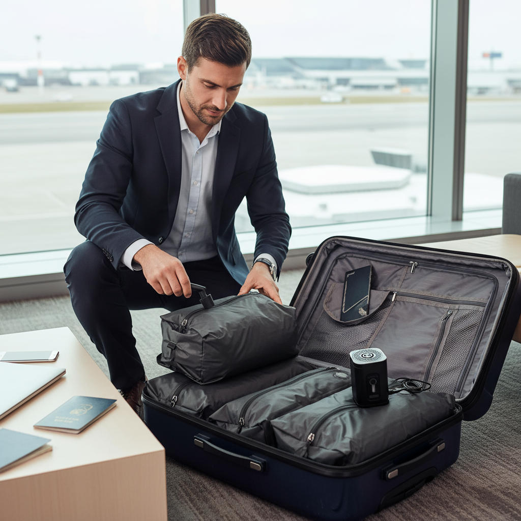 Organized suitcase with compression bags at airport