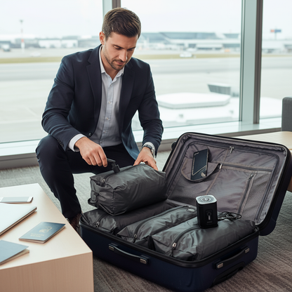 Organized suitcase with compression bags at airport