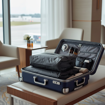 Suitcase with compressed flat bags and travel items