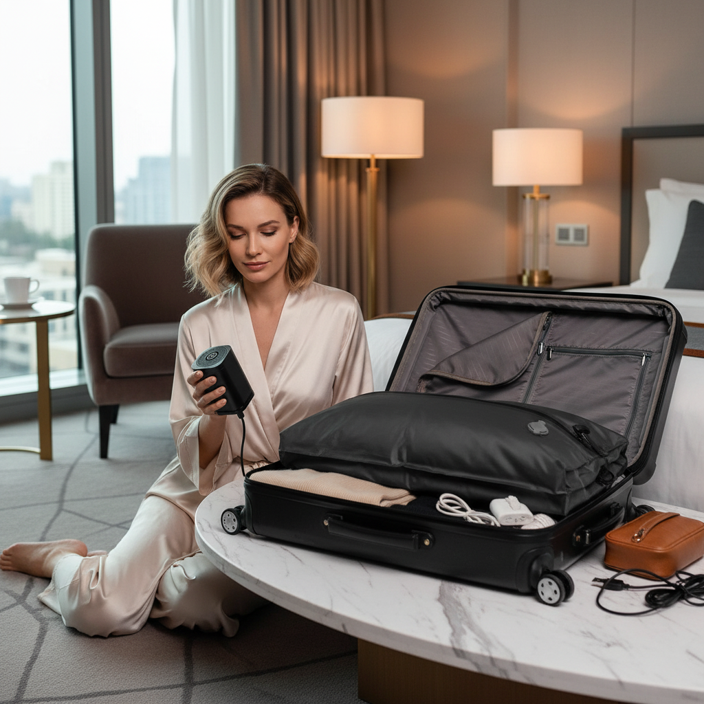 Woman with pump, compressed and uncompressed bags